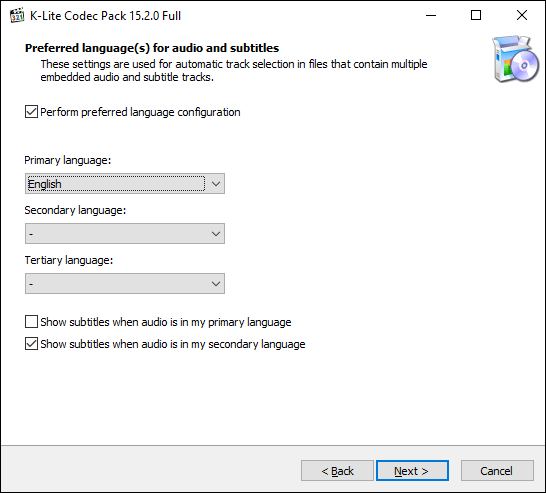 Select your language options in the K-Lite installer, then click Next