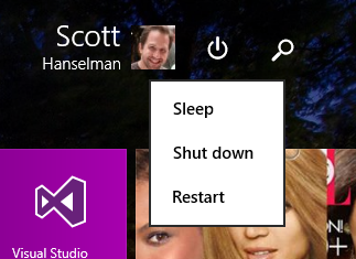Windows“开始”屏幕上有可见的电源按钮 Windows Start Screen has a visible power button