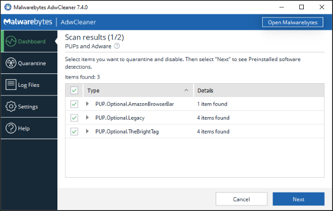 Malwarebytes AdwCleaner scan