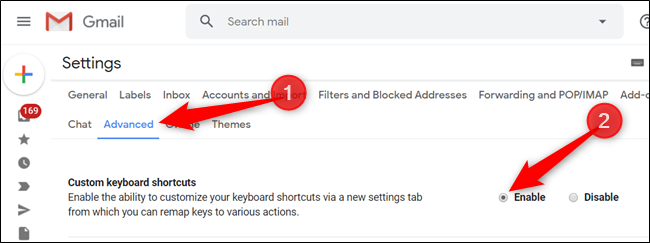 Click "Advanced," and then click the button next to "Custom Keyboard Shortcuts" to enable them.
