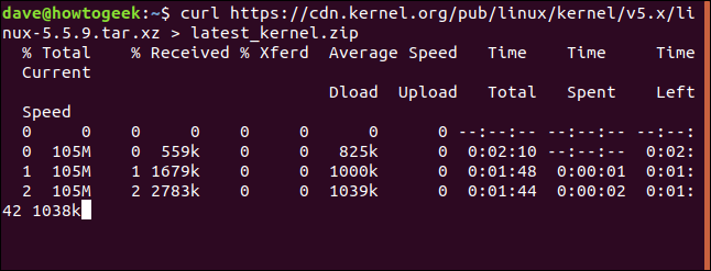 The output from the "curl https://cdn.kernel.org/pub/linux/kernel/v5.x/linux-5.5.9.tar.xz > latest_kernel.zip" command in a terminal window.