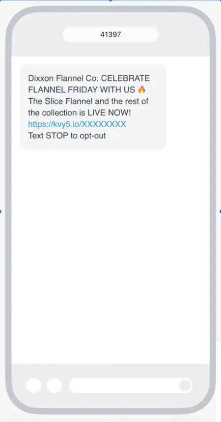 图像展示了Dixxon Flannel公司的SMS营销信息，带有一个显眼的CTA。