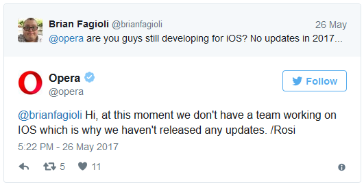 Opera for IOS is no longer updated Opera for IOS is no longer updated
