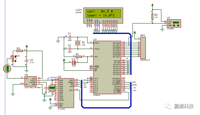 基于51单片机DS18B20温度及电流检测-proteus仿真-源程序