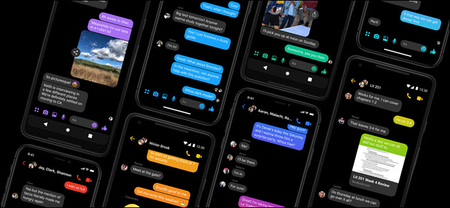 A series of phones with Facebook messenger in dark mode