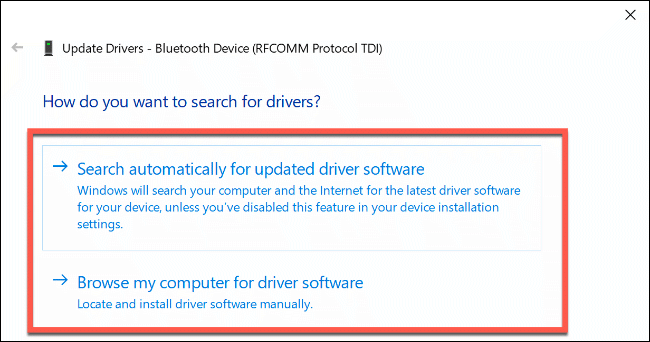 The "How Do You Want to Search for Drivers?" options in Windows 10.