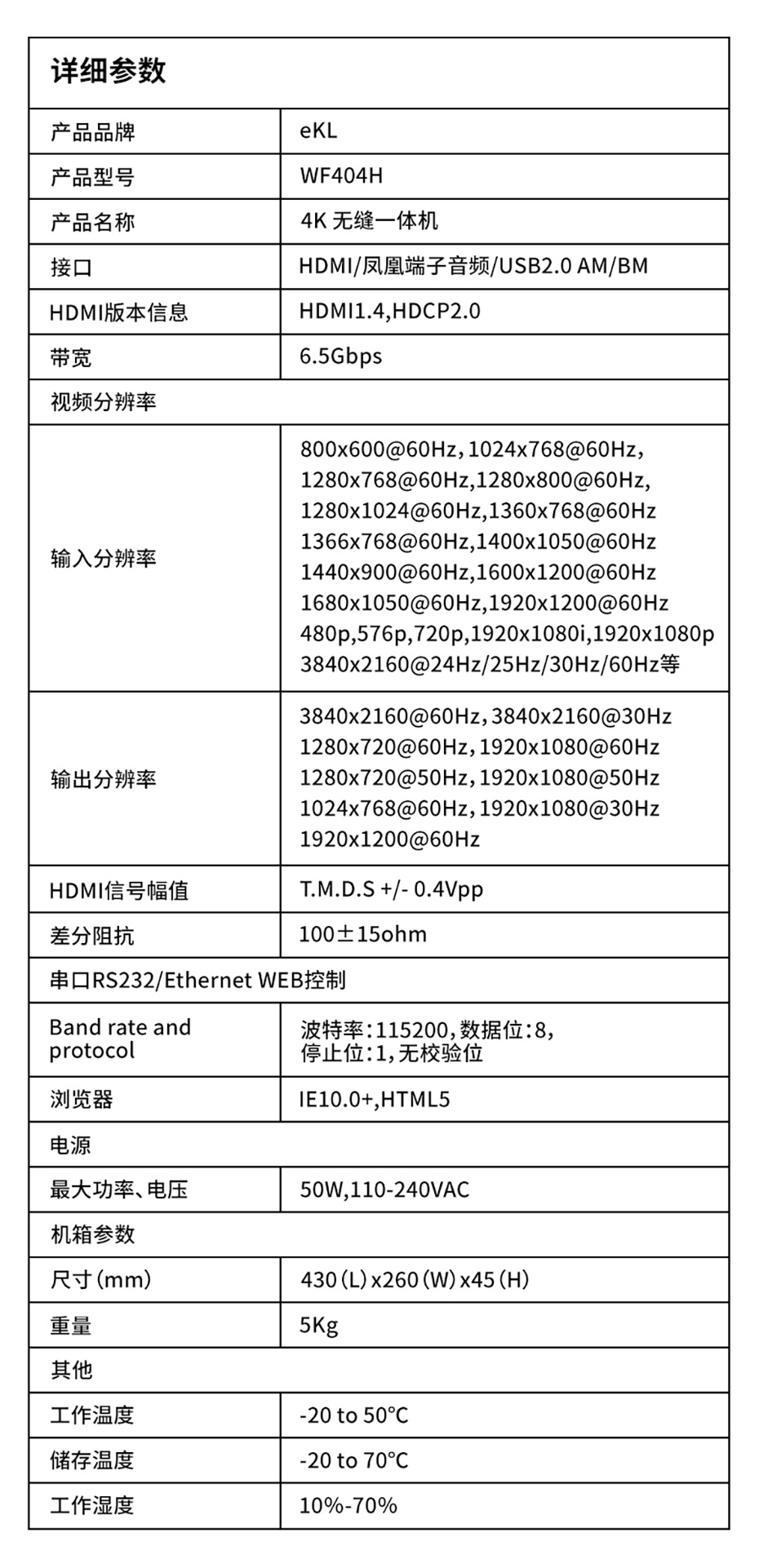 HDMI KVM无缝切换器WF404H规格参数