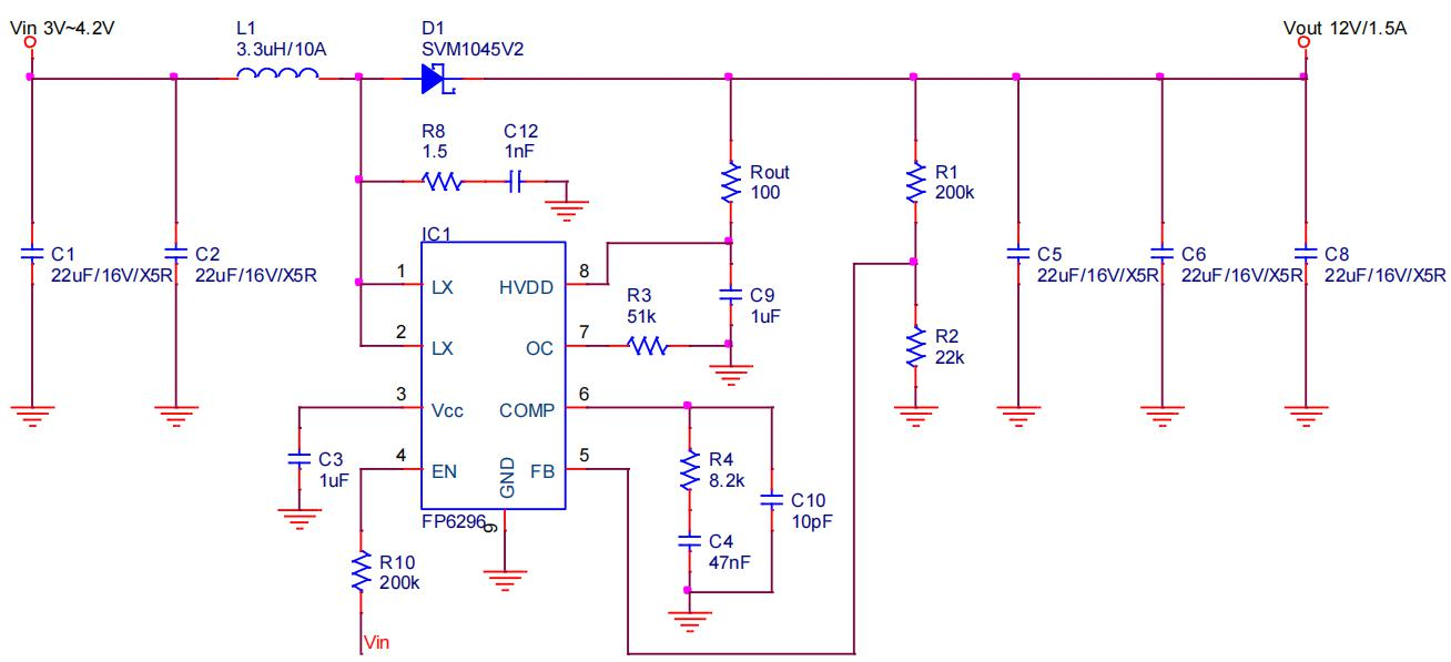 FP6296锂电池升压 5V9V12V内置 MOS 大功率方案原理图