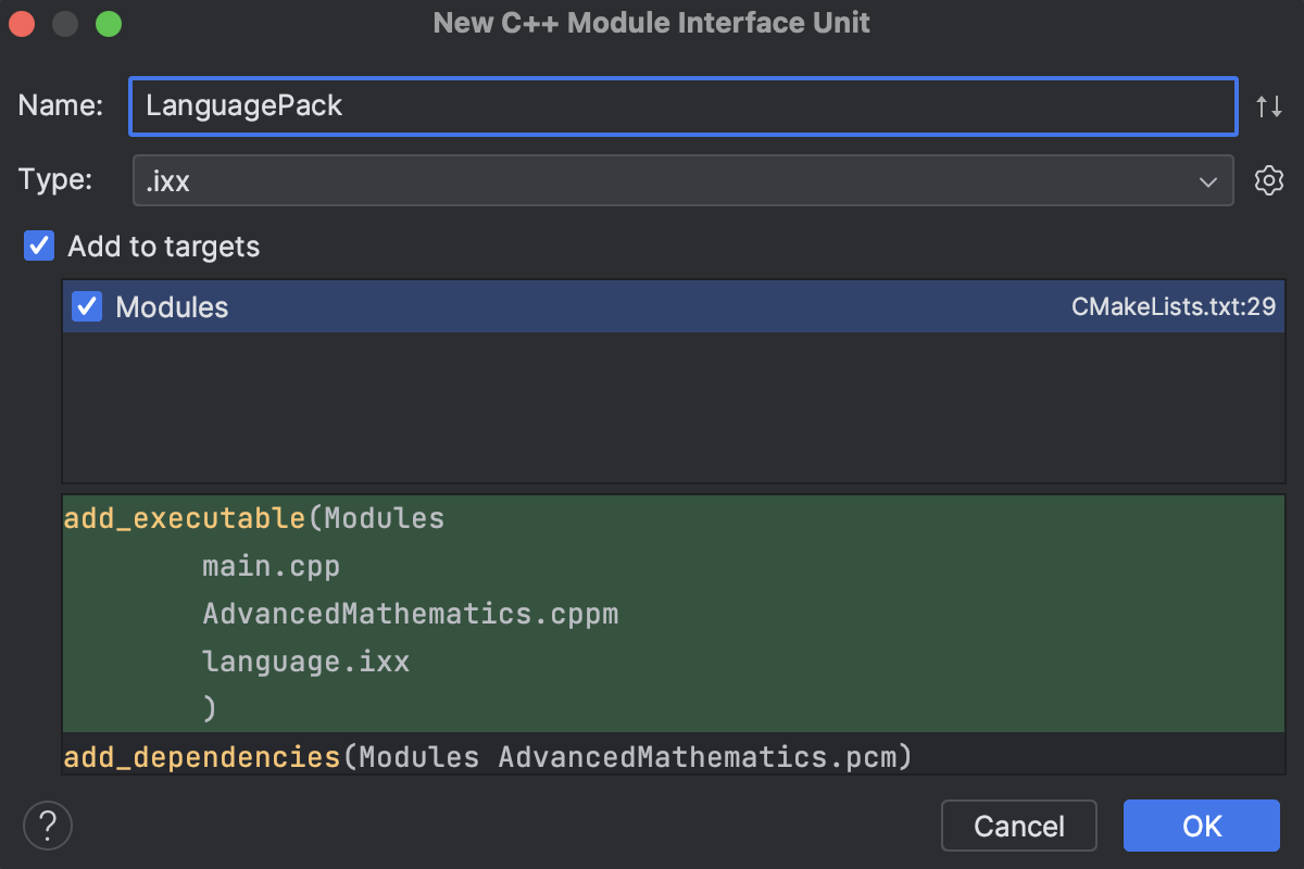 添加新 C++20 模块