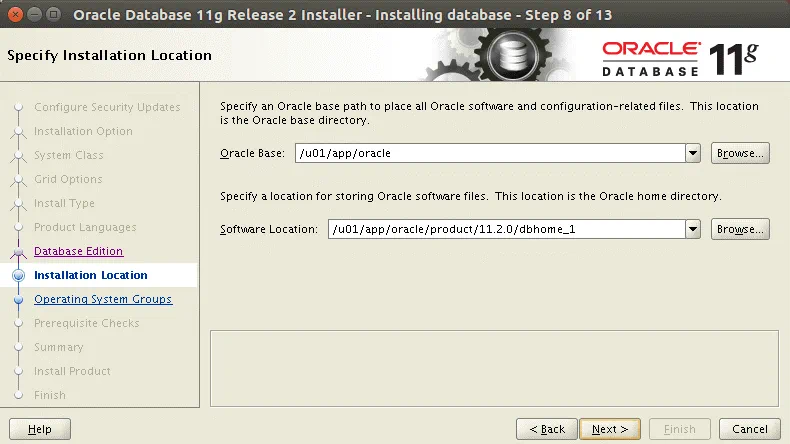 Select the installation location to install Oracle on Ubuntu