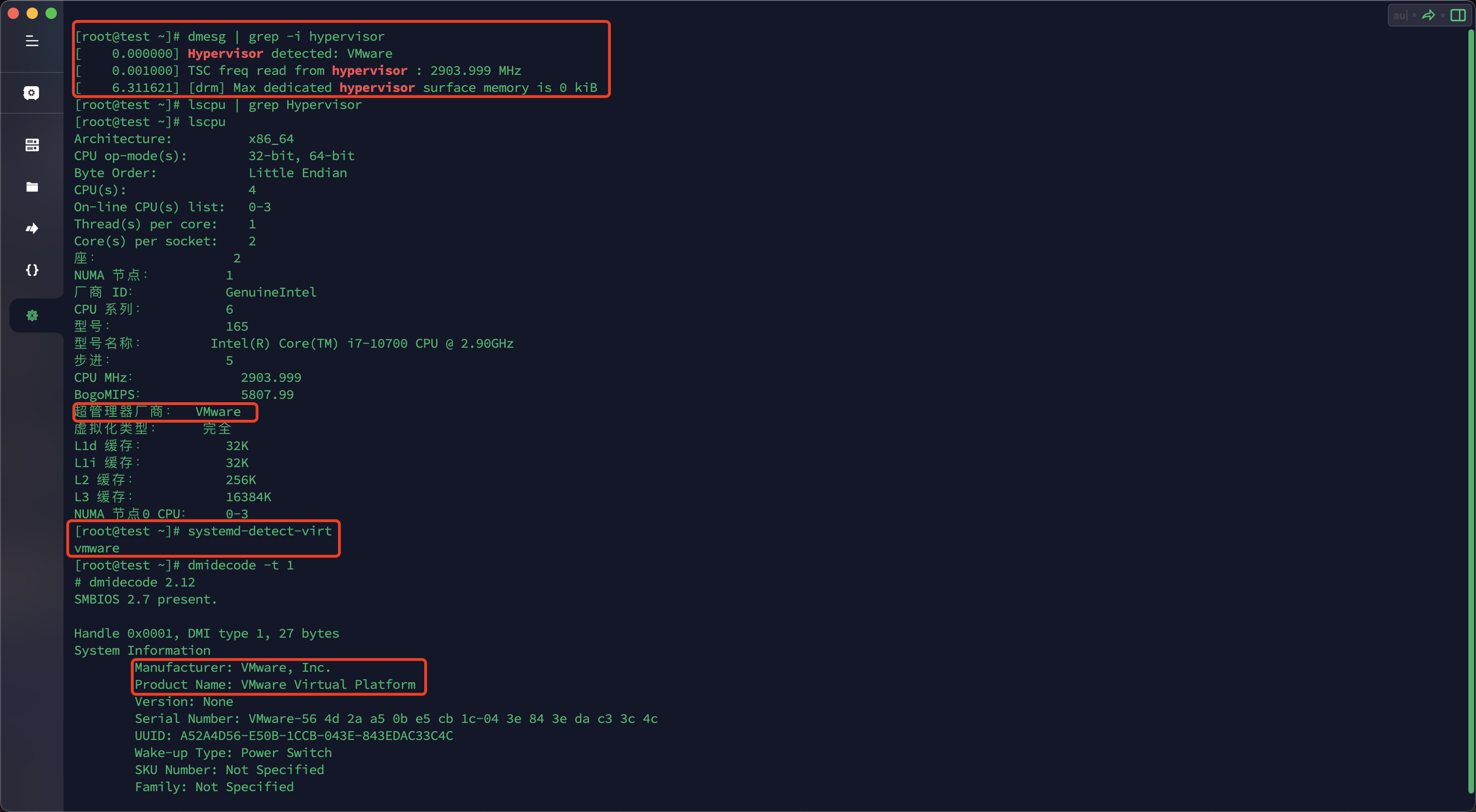 VMware virtual machine output results