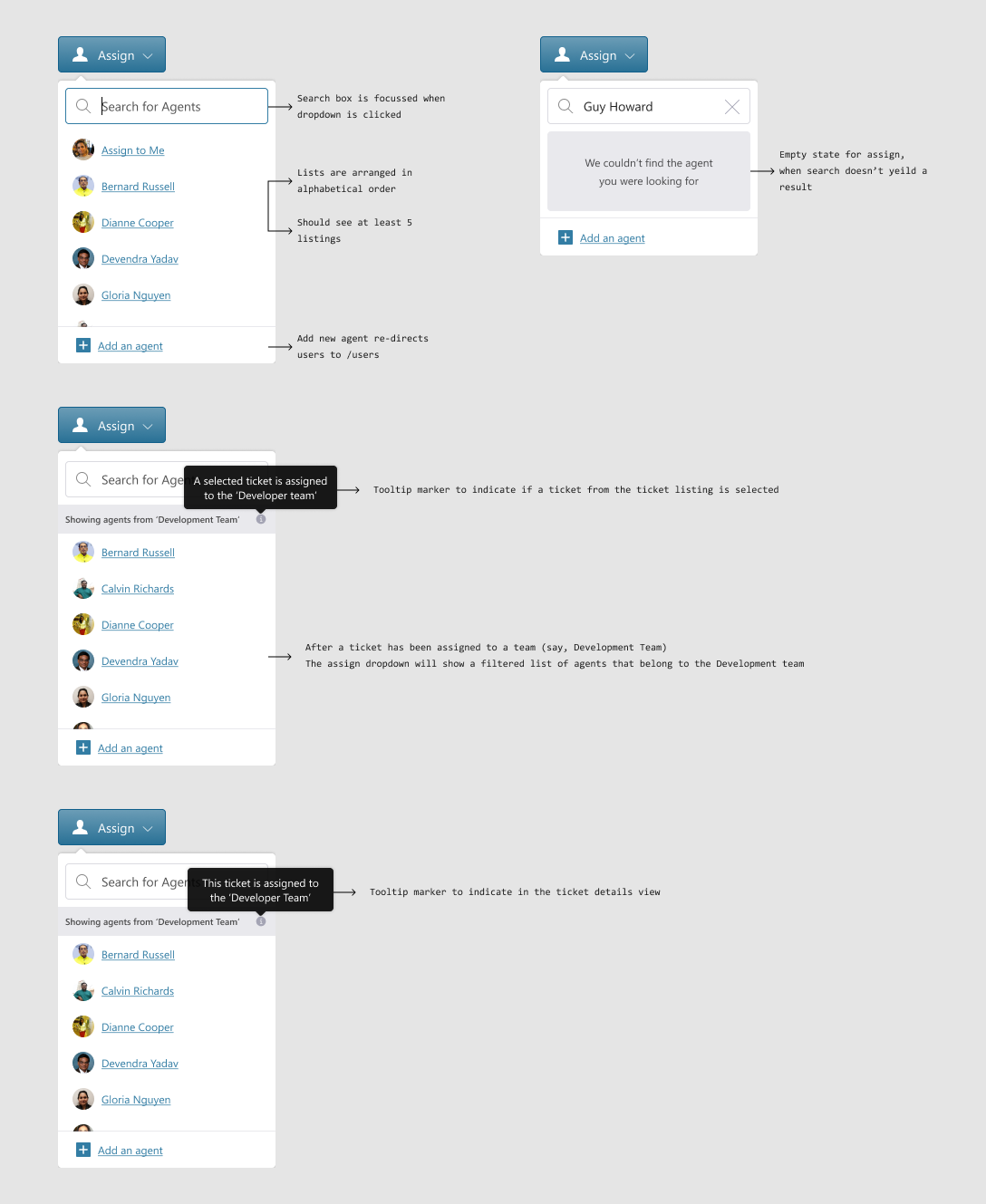 Annotated designs for a feature in SupportBee to help developers get more context before they begin