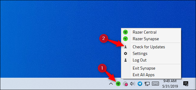 Razer check for updates option in notification area