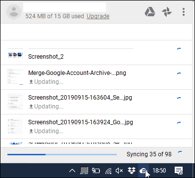 Click Google Backup and Sync icon to check sync progress
