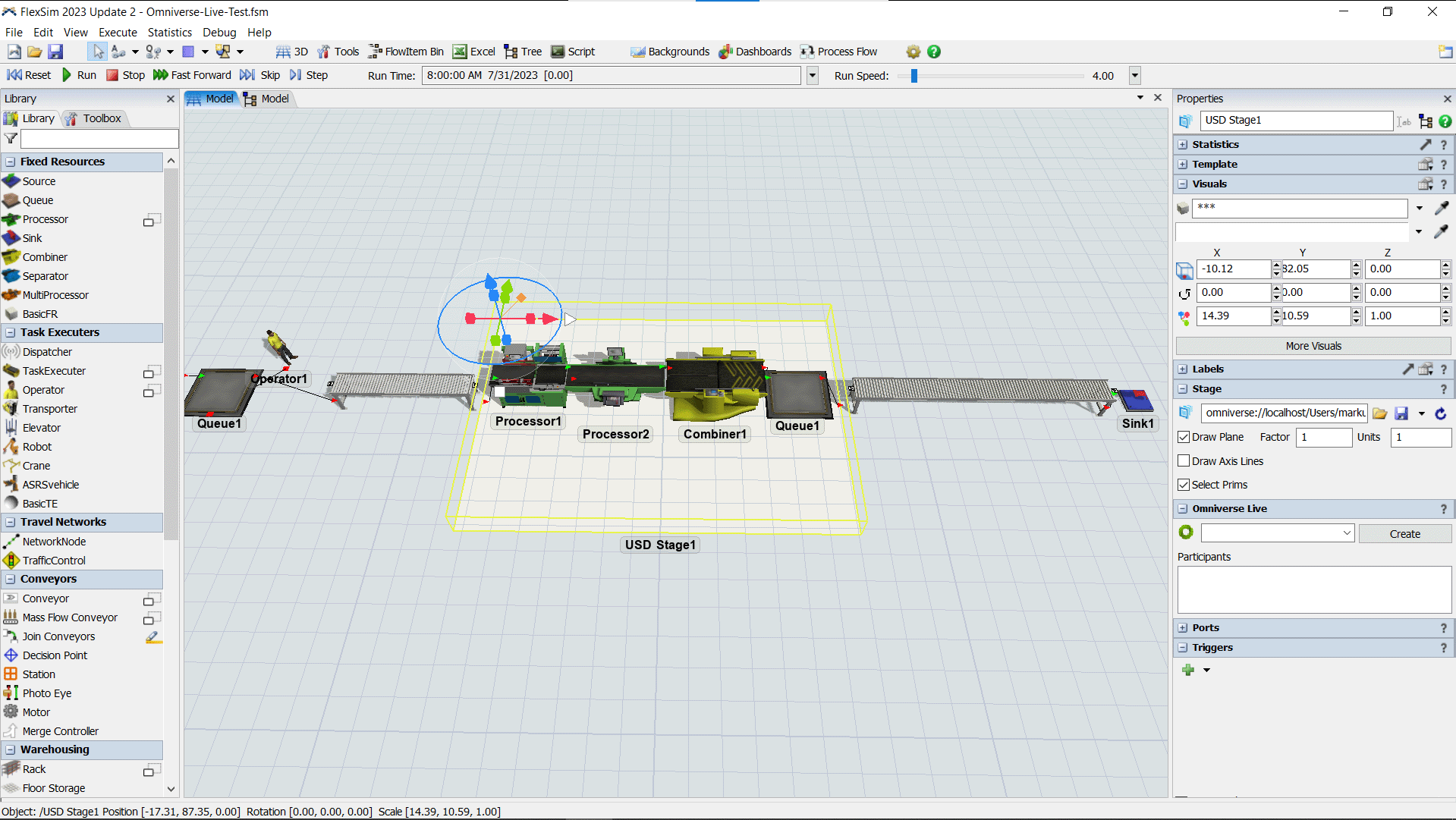 The FlexSim user interface, showing a simulation for a conveyor belt in a factory setting