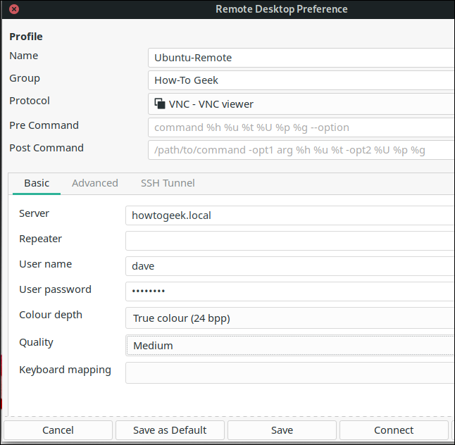 "Remote Desktop Preference" dialog with values in the fields.