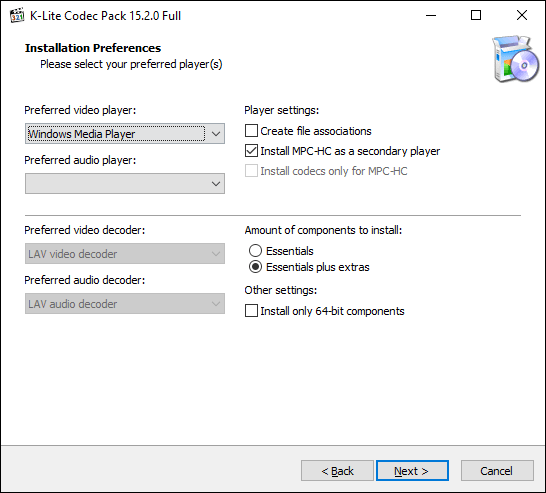 Select your preferred video player in the K-Lite installer, then click Next