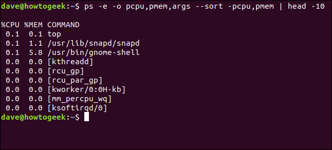 Output from ps -e -o pcpu,pmem,args --sort -pcpu,pmem | head 10 in a terminal window