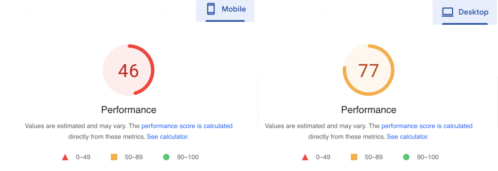 在设置 LiteSpeed 缓存之前，Google PageSpeed Insights 对测试网站的移动和桌面版本的排名。