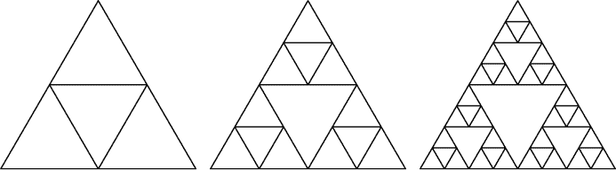 图形描绘了三角形。第一个三角形中间有一个较小的倒置三角形，将原始三角形分成较小的三角形。下一个三角形显示了这三个较小的外部三角形，每个都分成更小的三角形。第三个三角形显示了这些更小的三角形进一步分成三角形。