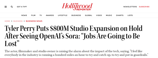 Sora抢饭碗！好莱坞大亨停止8亿美元投资