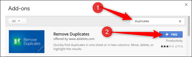 Type Duplicates into the search bar, then click Free on the add-on you want to install