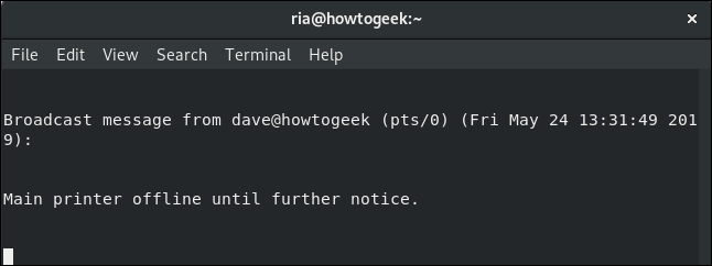 wall message to local user Ria in a terminal window