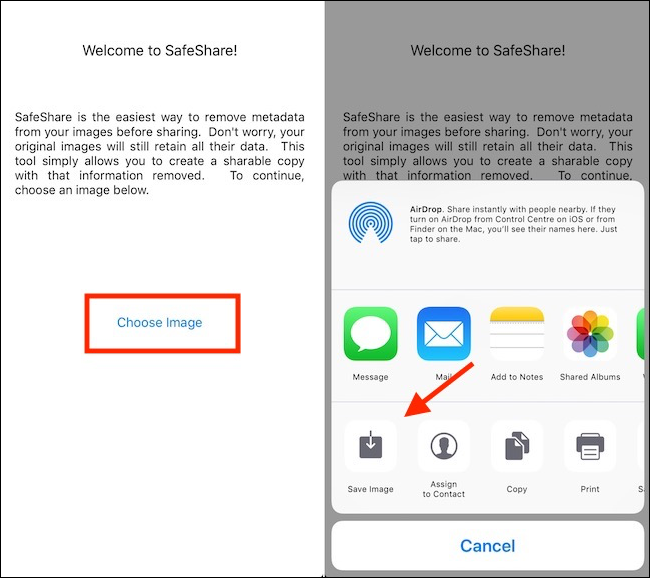 SafeShare app remove metadata and save the image