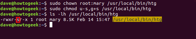 The "sudo chown root:mary /usr/local/bin/htg," "sudo chmod u-s,g+s /usr/local/bin/htg," and "ls -lh /usr/local/bin/htg" commands in a terminal window.