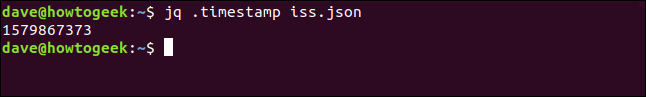 The "jq .timestamp iss.json" command in a terminal window.