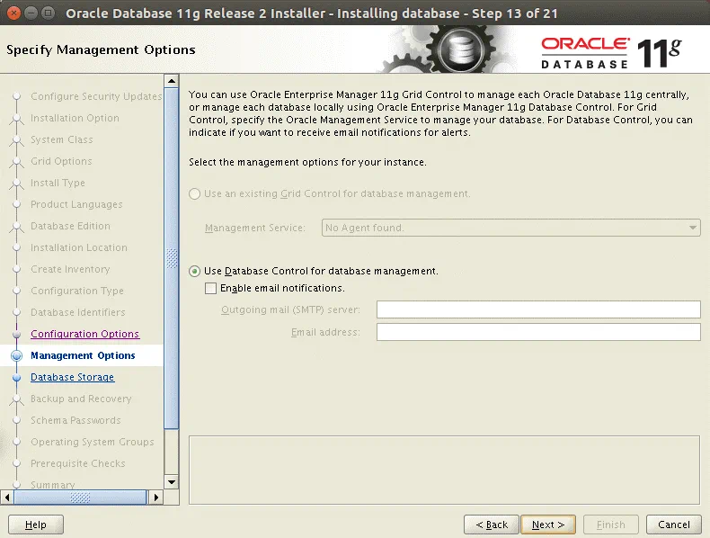 Configuring Management options to install Oracle 11g on Ubuntu