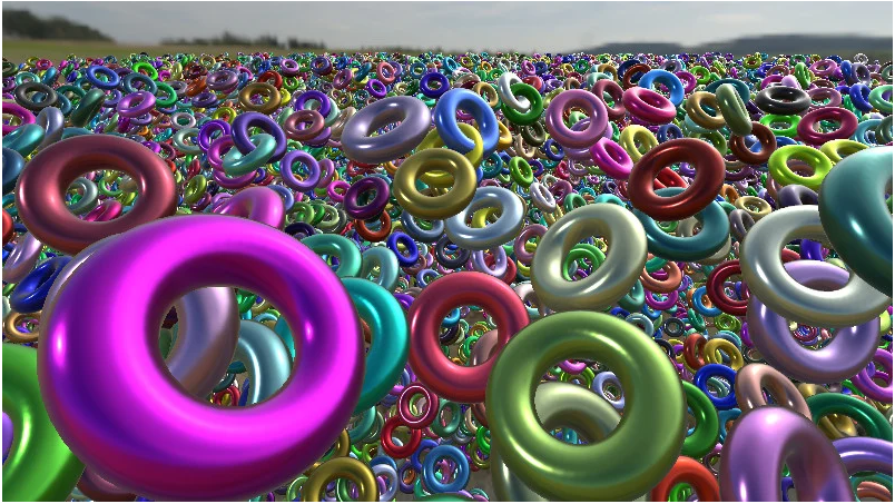 一个简单的实例渲染示例，显示了20000个金属甜甜圈形状。