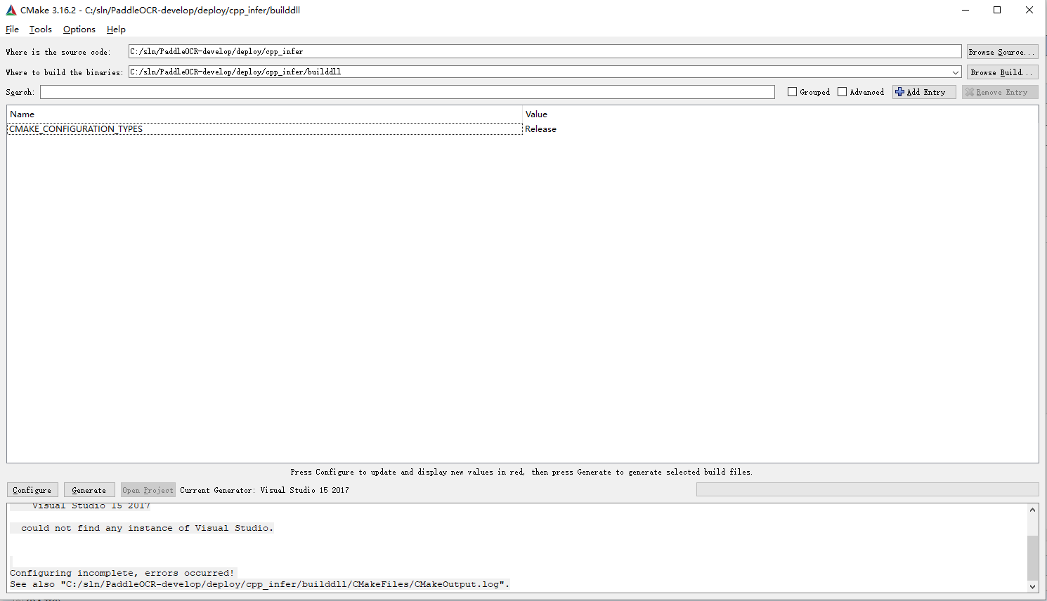 解决：CMake Error ：Visual Studio 15 2017 -could not find any instance of Visual Studio._自动生成
