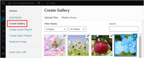 Creating a new gallery using the Media Library in the Classic Editor