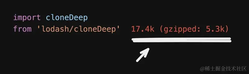 Screenshot of the import cost of 'lodash/cloneDeep' at 5.3kb gzipped