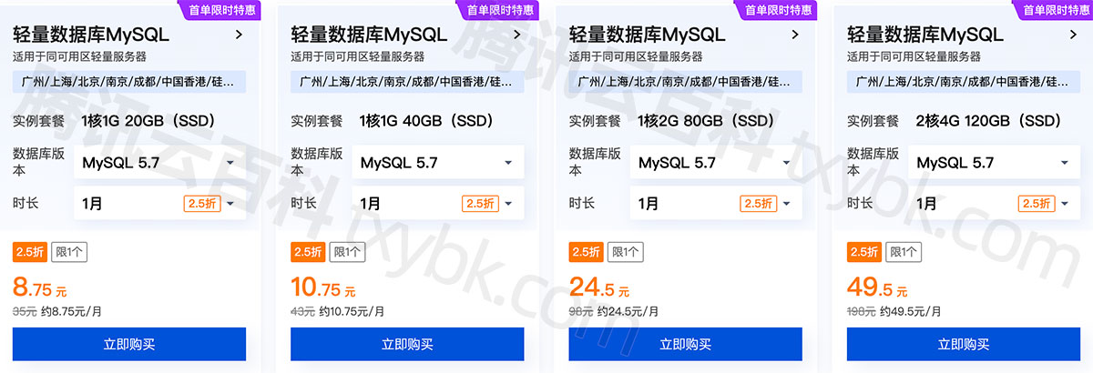 腾讯云轻量数据库配置价格表
