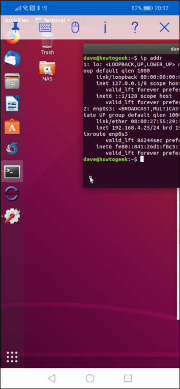 realVNC on an Android phone, connected to a remote Ubuntu computer.