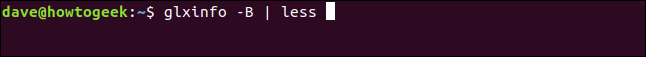 The "glxinfo -B | less" command in a terminal window.