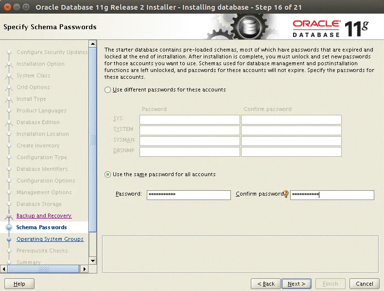 Select schema passwords to install Oracle on Ubuntu