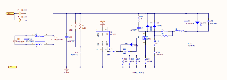 AP5125 DC-DC降压恒流IC SOT23-6 过认证 9-100V 6A电源驱动线路图