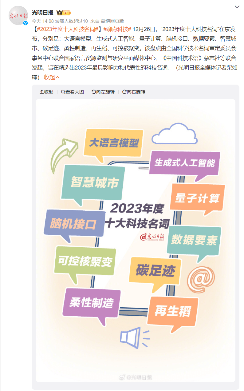 2023年度十大科技名词发布：大语言模型、脑机接口在列