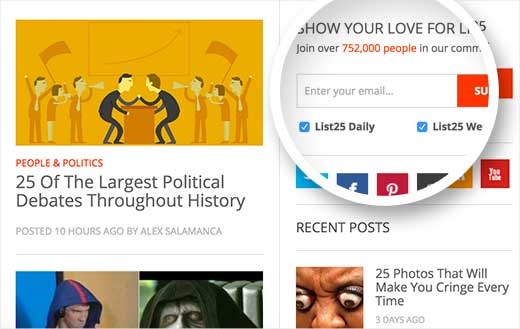 Email subscription form on List25 website