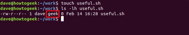 The "touch useful.sh" and "ls -lh useful.sh" commands in a terminal window.