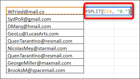 Click an empty cell and type in =SPLIT(cell_with_data, "@.") and hit enter