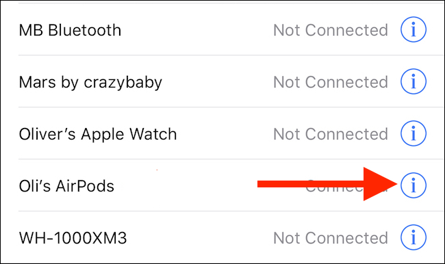 Tap the I icon beside your AirPods