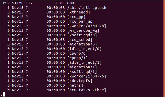 output from ps -eF | less in a terminal window, right hand side of the display