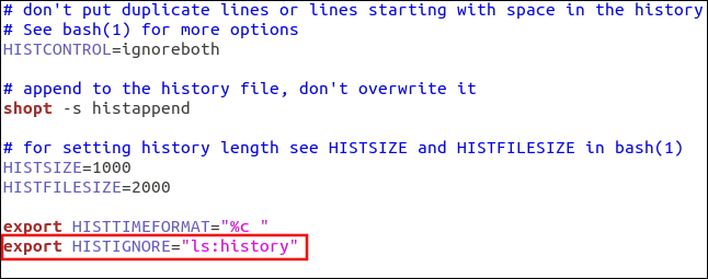 An "export HISTIGNORE="ls:history" command in gedit.