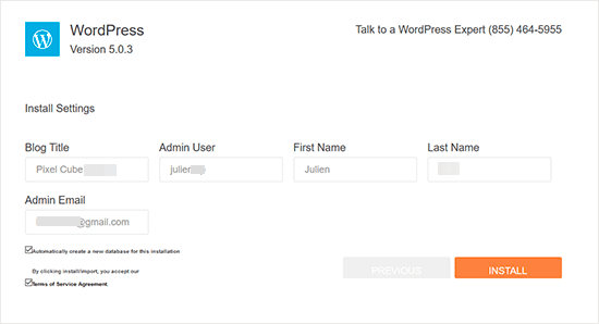 QuickInstall WordPress site settings