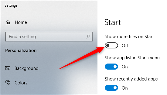 turn on show more tiles on start option