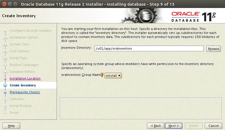 Installing Oracle database on Ubuntu – selecting the Oracle Inventory directory